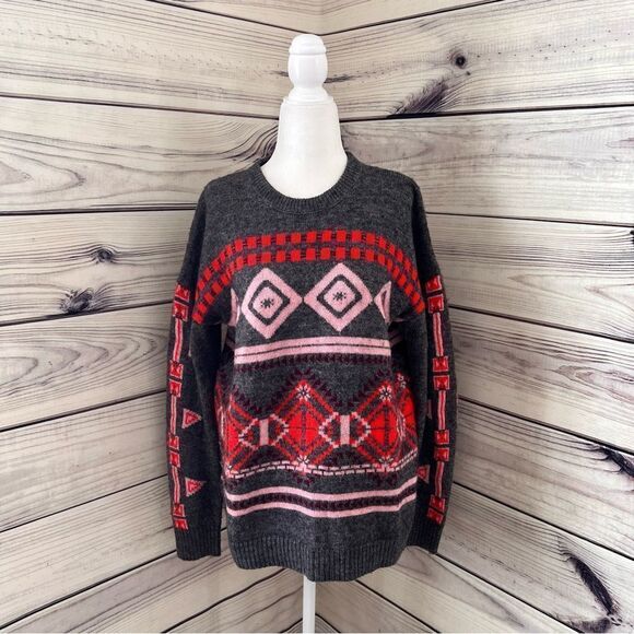 J. Crew Grey & Pink Patterned Wool Crewneck Sweater - Picture 2 of 7